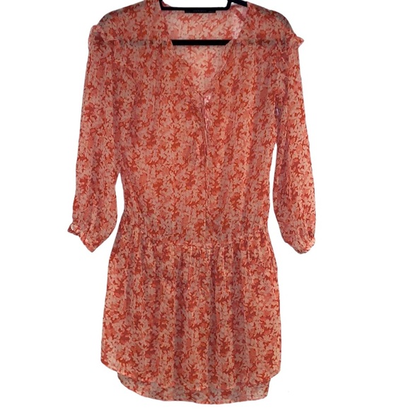 Zara Dresses & Skirts - Zara Sheer Floral Tie Neck Ruffle Dress Orange/Cream Size XS